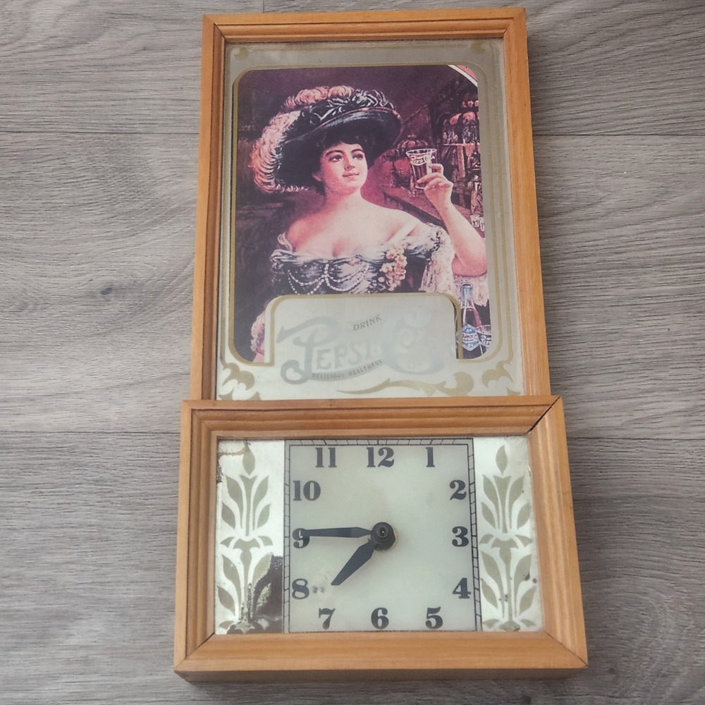Vintage Pepsi Cola Brown Wall Clock 12.5"  Advertising Gibson Lady Mirrored Wood